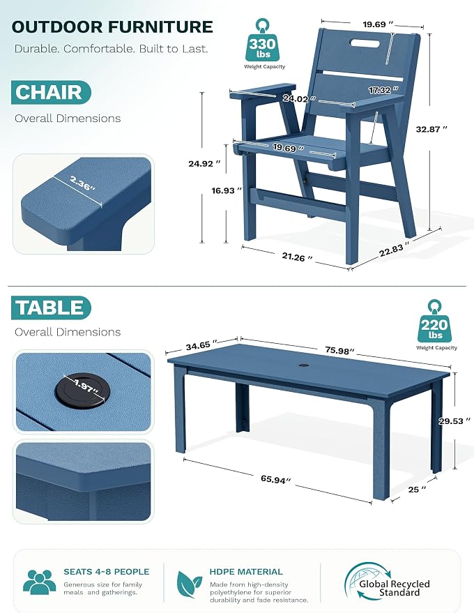 SERWALL 9 Piece HDPE Patio Dining Set, Outdoor Dining Table with 8 Chairs, All Weather Resistant Heavy Duty Outdoor Furniture with Umbrella Hole for Garden Backyard Deck, Blue