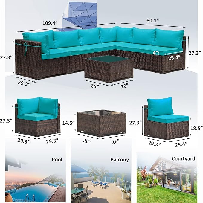 9 Pieces Outdoor Patio Furniture Sets,Wicker Conversation Set Sectional Sofa,Includes 8 All-Weather High Back PE Rattan Seating Components w/Thickened Cushions&Coffee Table,Green Blue