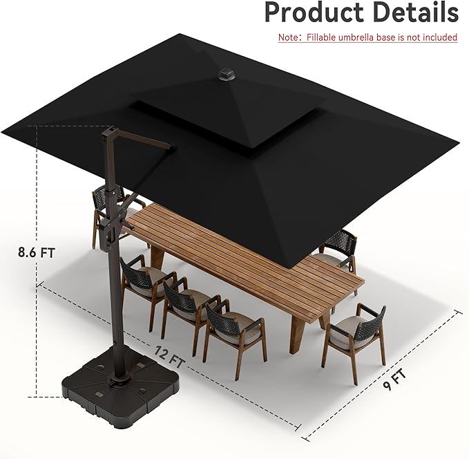 9' X 12' Cantilever Patio Umbrella with Base Included and Led Lights Double Top Rectangular Outdoor Large Offset Umbrellas with 7 Tilts Adjustable 360°Rotation for Deck Pool Garden Backyard, Black