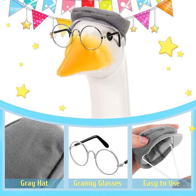 Old Man Goose Outfits Porch Goose Clothes Fits 23" Cement Plastic Goose Statue Grandpa Goose Outfit with Wig Glasses Pearl Necklace for School Outdoor Garden Lawn Yard Patio Art Decor (Style2)
