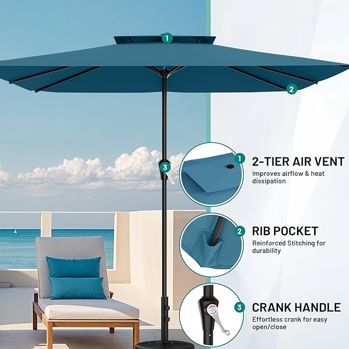 AreShark 8'x10' 2 Tiers Rectangular Patio Umbrella - Outdoor Umbrella Waterproof UV Protection, Market Table Umbrella w/Crank for Pool, Backyard, Deck(Lake Blue)