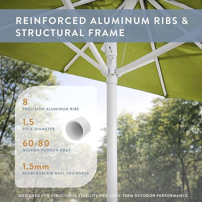 California Umbrella 8-Year Protection 7.5 Ft Outdoor Patio Umbrella, Solstice Fade-Resistant Fabric, Auto-Tilt, Heavy Duty Aluminum Frame, 8 Reinforced Ribs for Pool or Deck, White Pole, Kiwi