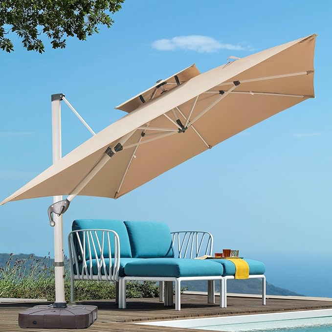 Cantilever Patio Umbrella with Cross Base and Cover Included - 360° Rotation Large Heavy Duty Offset Outdoor Umbrella with Easy Tilt for Pool Backyard Deck Garden (11x11 FT Khaki)