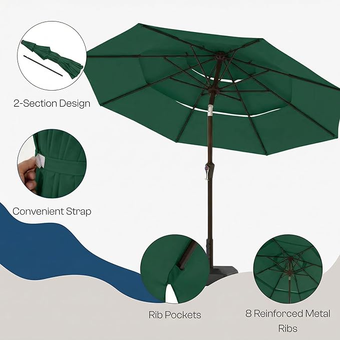 10ft 3 Tier Patio Umbrella, Outdoor Market Table Umbrella with UPF 50+ Vented Canopy, 8 Sturdy Ribs, Easy Push Button Tilt and Crank, Windproof for Deck, Pool, Backyard and Garden