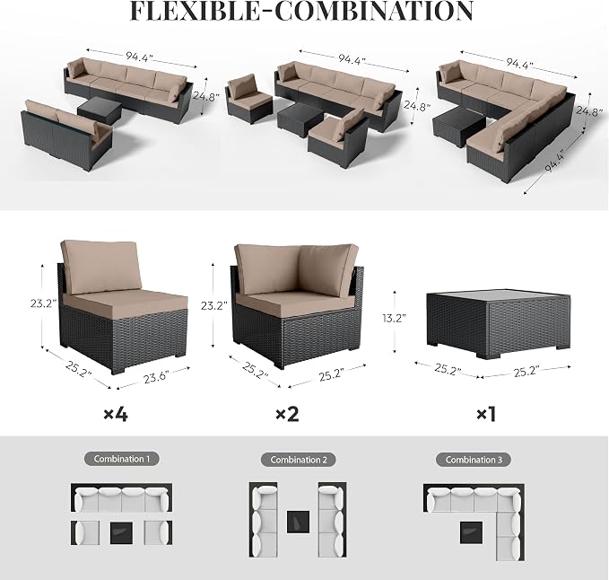 WWR Patio Furniture Set 7 Piece - All-Weather - Wicker Rattan Patio Outdoor Conversation Set, Modular Sectional Sofa for Backyard, Garden, Poolside, Balcony, Porch, Patio, Black/Khaki