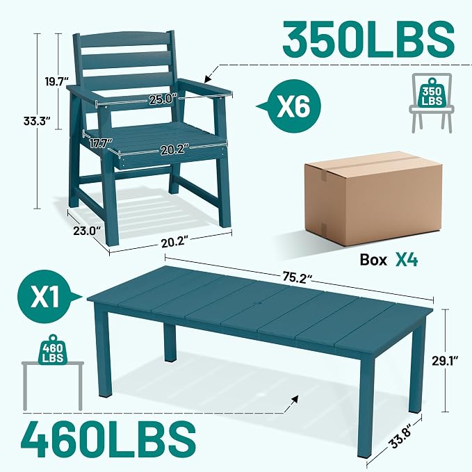 PLUUV 7-Piece Outdoor Patio Dining Set, All-Weather HDPE Dining Furniture Set with Umbrella Hole Cut-Out Table, Aluminum Table Legs, 6 Chairs, Waterproof & Easy Clean for Backyard, Garden, Navy Blue