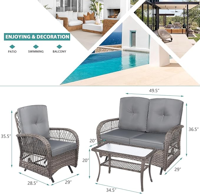 MEETWARM 4 Pieces Outdoor Wicker Patio Conversation Sets with Glider Loveseat, 2 Chairs with Glass-Top Coffee Table Wicker Rocking Glider Set, Wicker Conversation Set w/Thickened Cushions, Gray