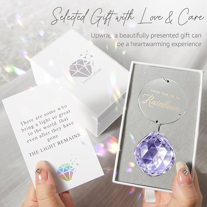 Mooncraftlogy Memorial Gift for Loss of Loved One, Light Crystal Suncatcher | Unique Sympathy Idea, Purple Memory Prism Crystal Ball, Grief Rainbow Sun Catcher, Bereavement Box for Mom Dad Son Daughter