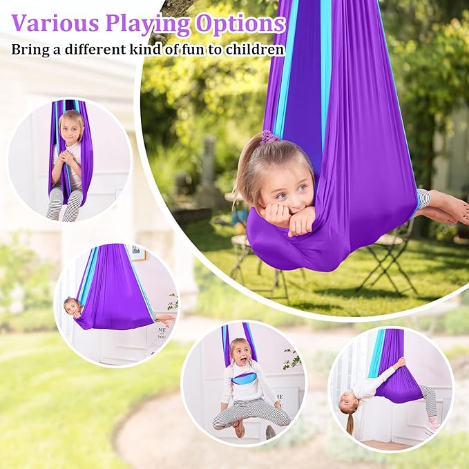 Yoga Swing for Kids Hammock Children Hangin Indoor Outdoor Autism Aspergers,ADHD Kids Hangin Therapy Swing 90inch x 59inch (Hardware Included) Deep Purple and Sky Blue
