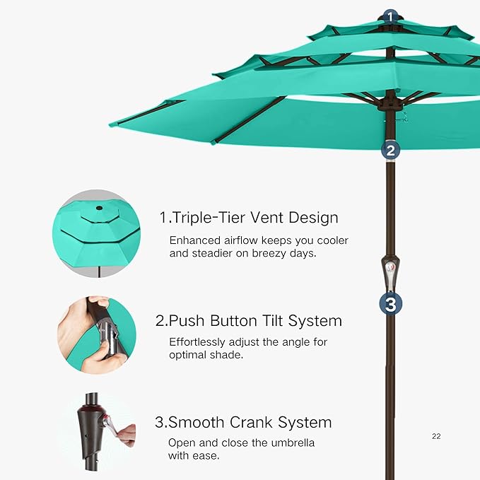 Kingdura 9ft 3-Tier Patio Umbrella, Outdoor Table Umbrella with Easy Crank & Tilt, 8 Reinforced Ribs, UV Protection for Deck, Pool, Market, Backyard (Tiffany blue)