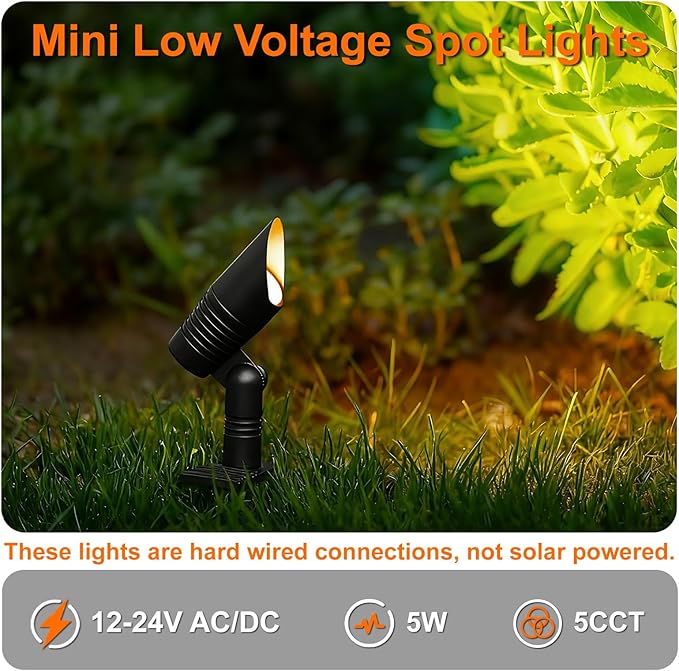 Mini Low Voltage Spot Lights Outdoor, 5W 12V LED Landscaping Spot Lights Wired for Outdoor Uplighting Yard Garden Tree House, 60° Beam Angle, 2200K/2700K/3000K/4000K /5000K, Black, 6PK