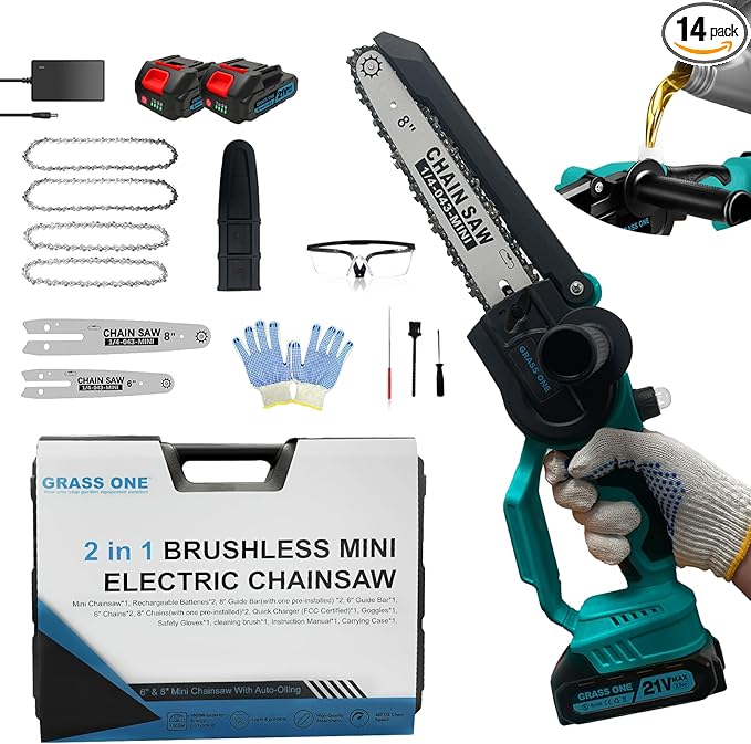 Mini Chainsaw, 8 inch & 6 Inch Portable Electric Chainsaw, 2026 Upgrade, Small handled Chain saw Cordless with 2 Batteries & Auto Oiler for Trees Branches, Garden, Yard, Power Gifts for Men Dad (Blue)