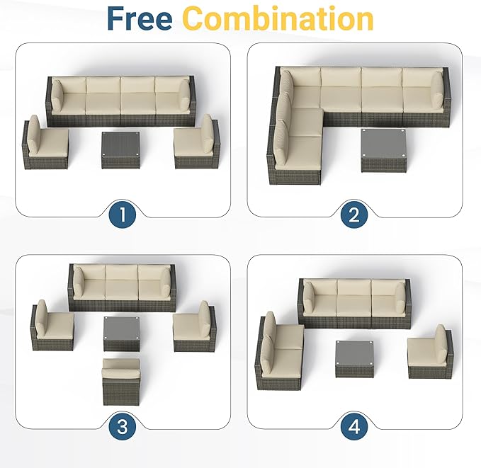 Wisteria Lane 7 Piece Outdoor Patio Furniture Set, All Weather Wicker Rattan Sectional Sofa Conversation Set with Cushions & Glass Coffee Table, Ideal for Garden Backyard Porch Balcony, Beige