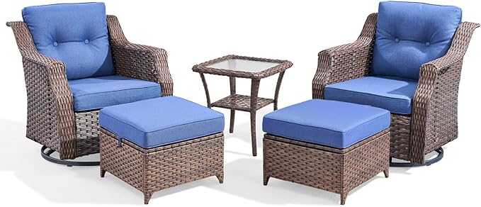 Outdoor Swivel Rocking Chair Set（ 5PCS ）,All-Weather Wicker Rocking Chair Combination PE Rattan with Elegant Side Table Ideal for Courtyards, Balconies, Patios, and Porches Brown/Blue