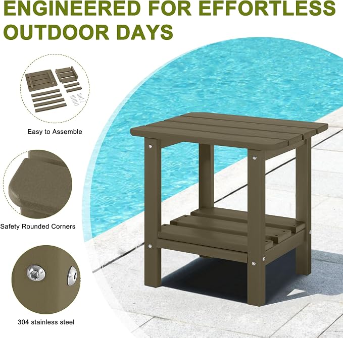 Adirondack Outdoor Side Table, 2-Tier Small Patio End Table, Weather Resistant HDPE Outdoor End Tables for Garden, Lawn, Pool, Beach, Porch, Deck, Backyard - Square, Light Brown