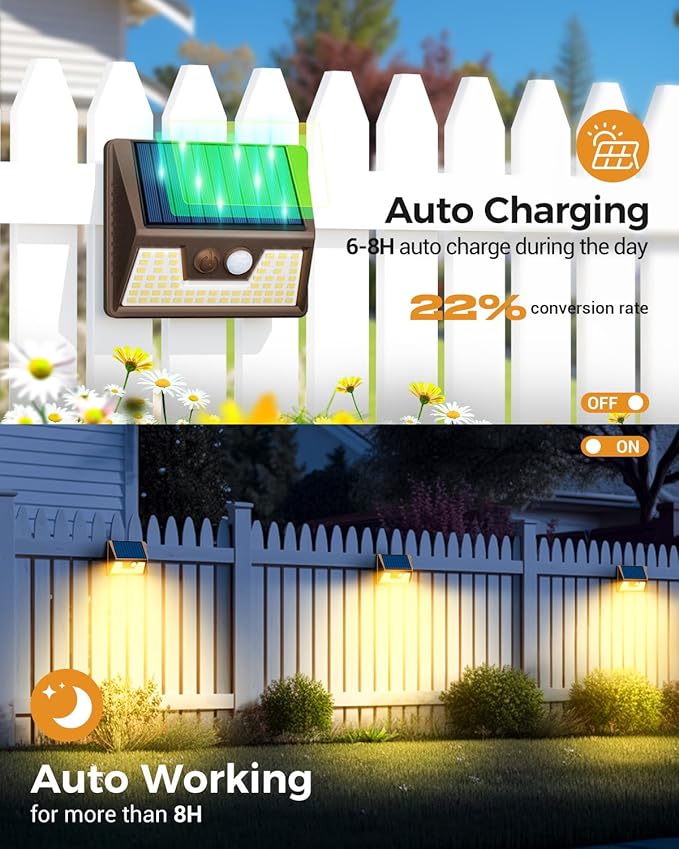 vighep 12 Pack Solar Motion Lights for Outside, Waterproof Fence Lights Outdoor, Warm White LED Wall Lights Wireless for Yard Steps Stairs Garden - Brown