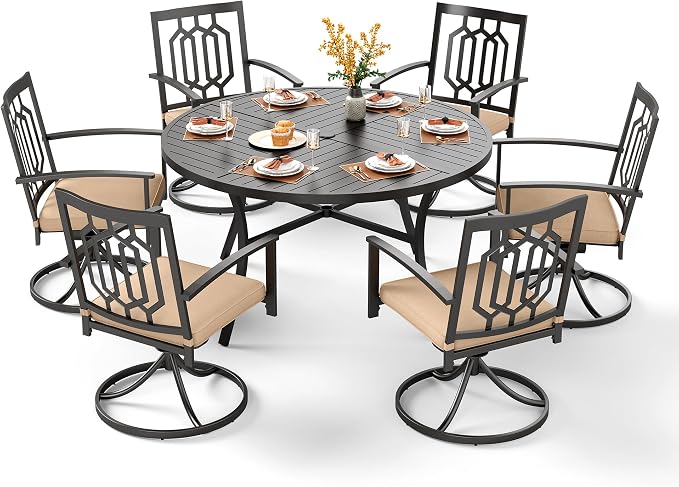 PHI VILLA 7 Pcs Outdoor Dining Set, 54" Round Table& Swivel Chairs | Black Wrought Iron Table w/ Umbrella Hole & Swivel Metal Chairs,Patio Furniture Set for Patio,Porch,Deck,Backyard