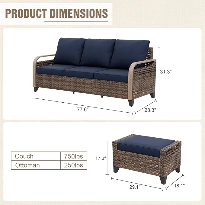 Modern Wicker Patio Furniture Set, Rattan Outdoor Conversation Set with Comfortable Cushions, 3 Seat Couch and 2 Ottomans, 3 Pieces, Brown/Blue