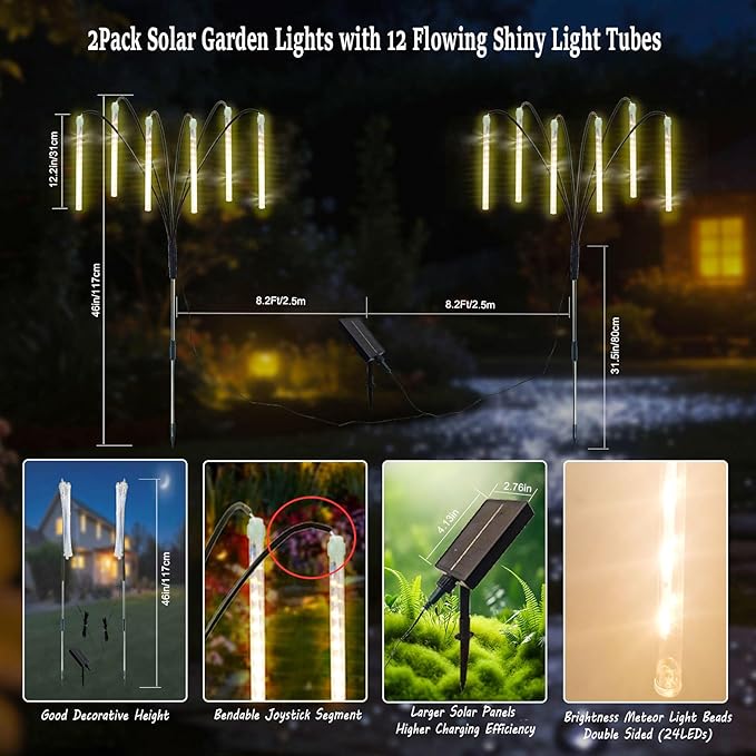 Garden Decor Outdoor Solar Meteor Shower Lights 2Pack 288LED,46" Whimsical Solar Garden Lights with 12 Brighter Tubes,Solar Twinkle Lights Outside for Garden Yard Path Porch Patio Lawn Decor
