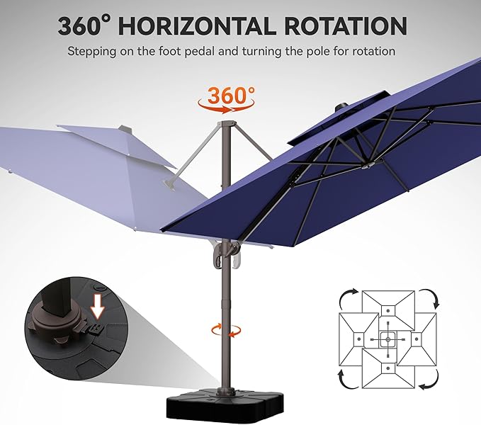 GENTEACO 10X10 FT Cantilever Umbrella with Base Included, Large Offset Patio Umbrella with Double Top, 6 Angle Tilts & 360° Rotation, Large Square Sun Umbrellas for Outdoor Pool Market, Navy Blue
