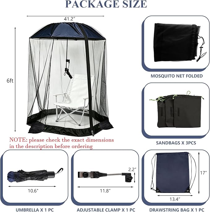 41.2" Umbrella with Mosquito Net for Beach Chairs, Stroller, Camping, Include Adjustable Universal Clamp, Drawstring Bag, Sandbags, Portable Sun Umbrella with Mosquito Mesh, Not Include Chair