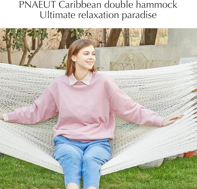 PNAEUT 2 Person Rope Hammocks for Outside, Handwoven Double Caribbean Hammock with Spreader Bar for Outdoor Indoor, Max 600 lbs Capacity (Cream)
