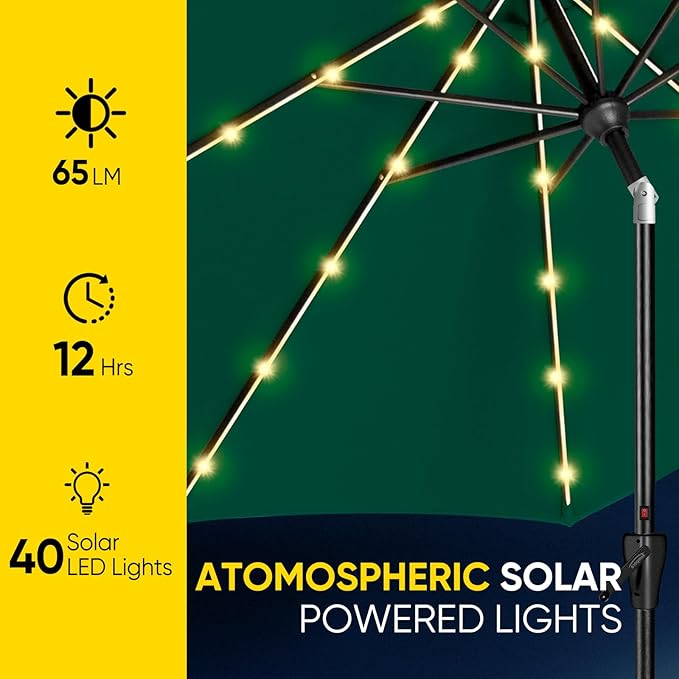 Tempera Solar Patio Umbrella 40 LED Lighted Outdoor Umbrella Table Market Umbrella with Push Button Tilt and Crank, Solar Umbrella with Sturdy Pole&Fade Resistant Canopy, Easy to Set