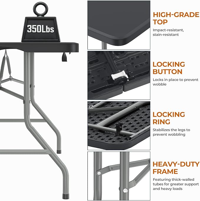 Fenbeli 6FT Folding Table, 350 LBS Heavy Duty Foldable Table with 18% Thicker HDPE Waterproof Top, Fold in Half Portable Table with Handle, Steel Frame for Indoor Outdoor Party Events