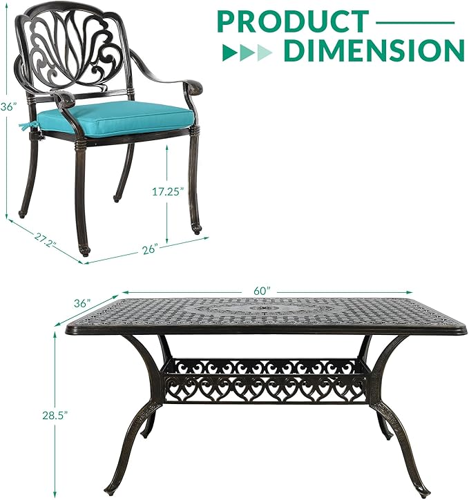 VIVIJASON 7-Piece Outdoor Furniture Dining Set, All-Weather Cast Aluminum Patio Conversation Set, Include 6 Cushioned Chairs and a Rectangle Table with Umbrella Hole, Ocean Blue Cushion