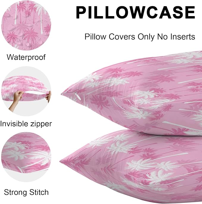 Throw Pillow Covers 16x16 Inch Set of 2, Tropical Palm Tree Waterproof Outdoor Pillow Covers, Magenta Pink Plants Coastal Leaf Beach Decorative Cushion Pillowcases for Couch, Sofa, Bed, Garden, Patio