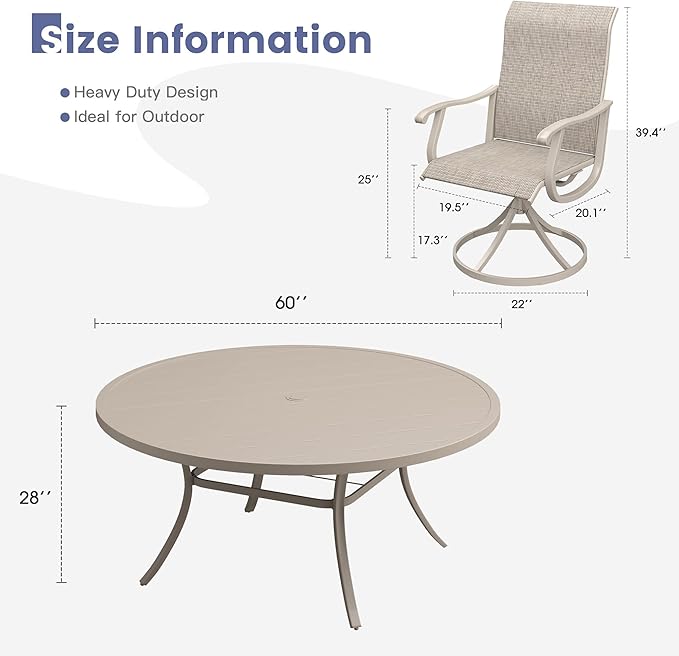 VICLLAX 9 Pieces Outdoor Dining Set, Patio Furniture Set of 8 Patio Swivel Dining Chairs and 60" Patio Round Table, Sandshell Chairs & Sandshell Tabletop