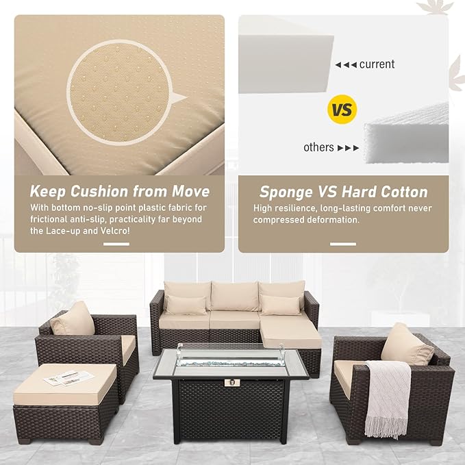 Patio Furniture Set 6-Piece Outdoor Furniture Set with 45'' Propane Gas Fire Pit Table Outdoor Conversation Set Wicker Sofa Set Non-Slip Cushions Waterproof Covers, Khaki