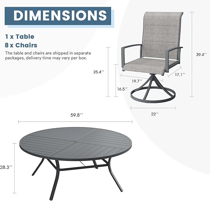 DIFY 9 Piece Outdoor Dining Set, Metal Patio Table and Chairs Set, 59.8" Round Dining Table & 8 Padded Textilene Swivel Patio Chairs, Outdoor Furniture Set for Garden Backyard Porch, Grey