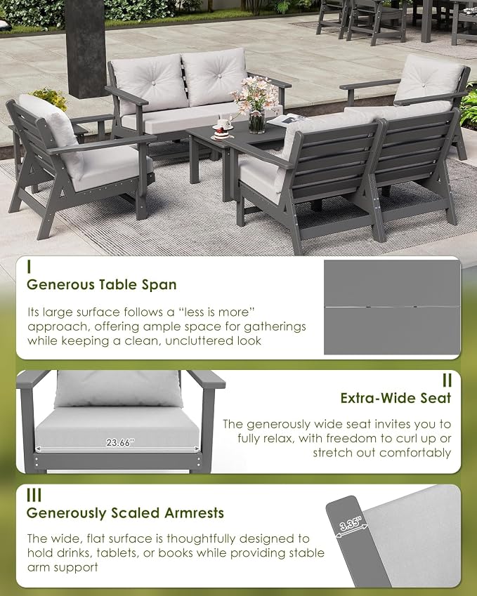 GREENVINES 8-Piece-Patio-Conversation-Set | HDPE Plastic | Outdoor Sectional Furniture Sets | Waterproof Sofa | Couch with Coffee Table & Side Table | Detachable Armrests | for Deck Lawn | Gray