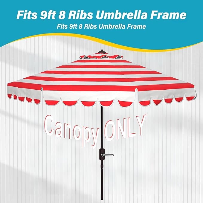 9ft Market Patio Umbrella Replacement Canopy, UV Protective, Fade Resistant, Vented Design for Outdoor Use (Red White Stripe)