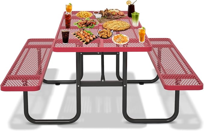 72'' Rectangular Steel Picnic Table for Outdoors,Commercial Metal Picnic Table with Umbrella Hole, Heavy Duty Sturdy Picnic Tables Furniture Set for Patio Garden Courtyard BBQ, Red