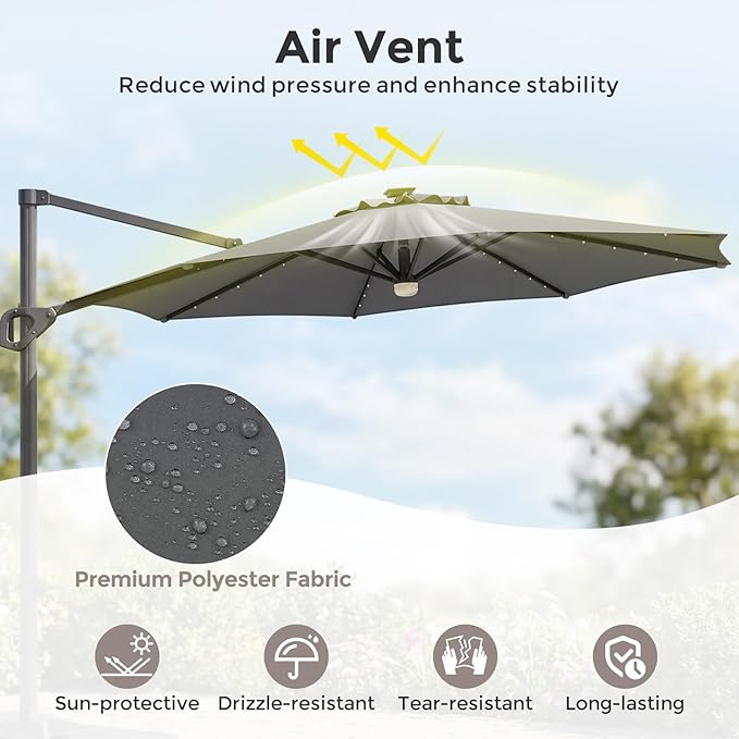 Tangkula 10ft Patio Umbrella with Solar Lights, Offset Cantilever Square Outdoor Umbrella with 35 LED Lights, Aluminum Pole, 360 Degree Rotation, Tilt Adjustment, Air Vent for Pool Deck Yard (Gray)
