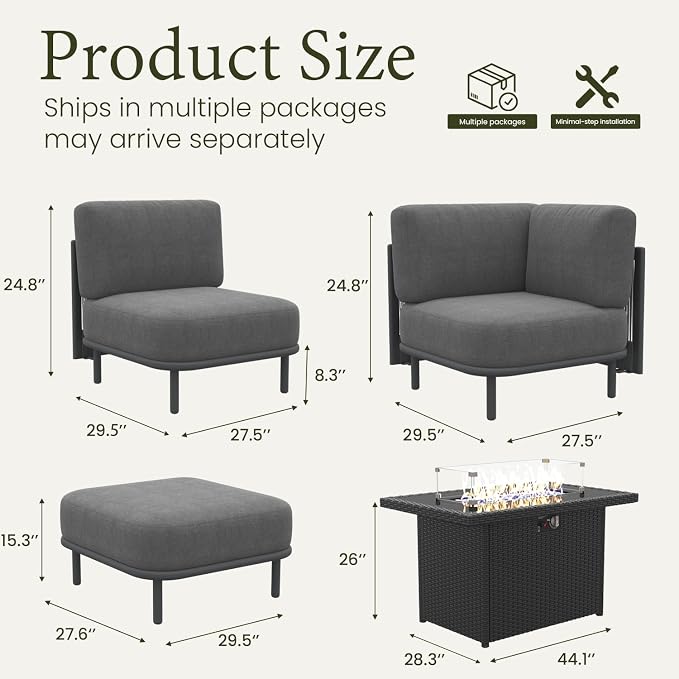 LayinSun 7 Pieces Patio Furniture Set with Fire Pit Table, Modern Outdoor Modular Sectional Conversation Set L-Shaped Sofa with 7-inch Cushion for Garden Backyard Deck