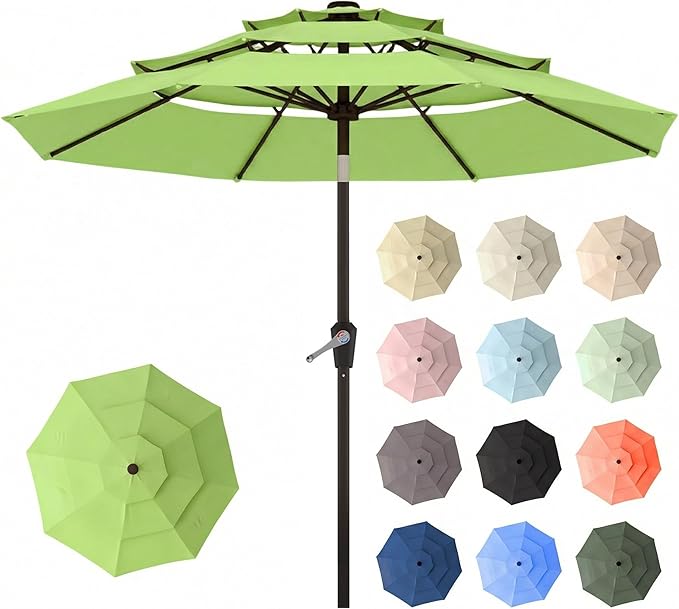 10ft Patio Umbrella, 3 Tier Outdoor Market Table Umbrellas with 8 Fiberglass Ribs and Push Button Tilt, Windproof, Vented Canopy, UV Protection for Deck, Pool, Backyard