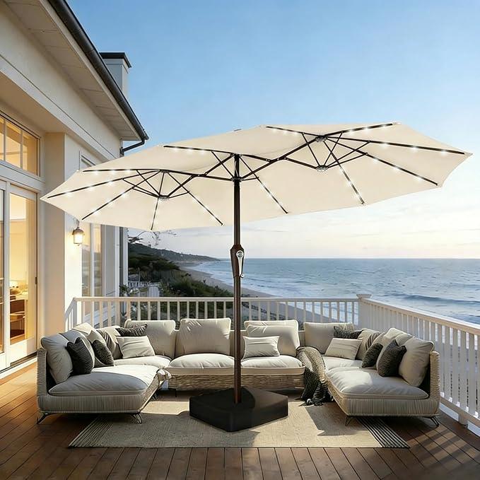 15FT Patio Umbrella with Solar Lights, Double-Sided Extra Large Outdoor Table Umbrella with Base Included, Heavy-Duty 12 Iron Ribs Market Umbrella for Garden, Pool, Backyard, Creamy White