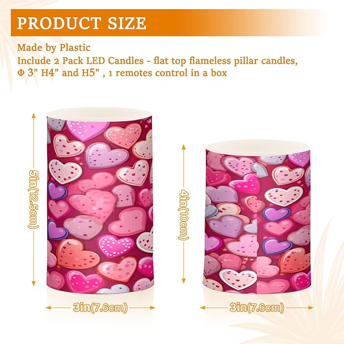 Doodle Pink and Purple Heart Flameless Candles Color Changing LED Candles with Remote Control Battery Candles for Outdoor and Indoor Home and Room Decoration, 3'' x 4''/5'' Set of 2 Pieces