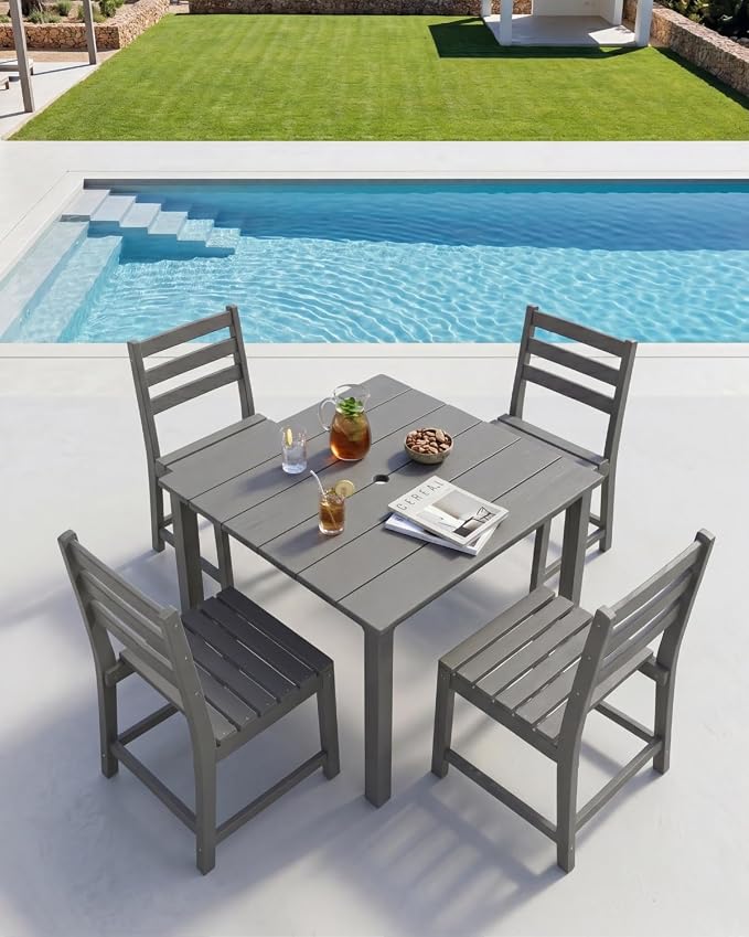 HDPE Outdoor Dining Set for 4, Square Table and Chairs, Grey | All-Weather HDPE, Wood Grain Finish, 42.5" Square Table, Built-In Umbrella Hole, Seats 4, Patio & Poolside Ready