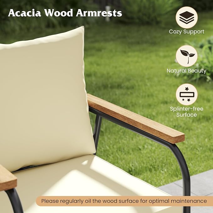 Tangkula 4 Pieces Wicker Patio Furniture Set, Outdoor Conversation Set with Tempered Glass Coffee Table, Rattan Cushioned Chairs with Acacia Wood Armrests for Garden, Yard and Poolside (Off White,2)