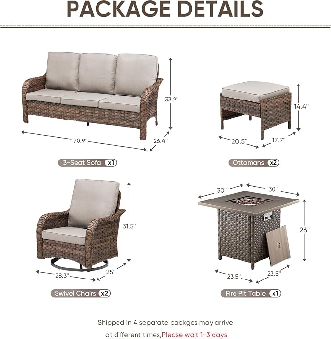 Patio Furniture Set - 6 Pieces All Weather Wicker Outdoor Furniture with 2 Swivel Chairs, 2 Ottomans 1 Sofa and Fire Pit Table, Ergonomic Design for Porch, Deck, Balcony, Garden, and Backyard(Beige)