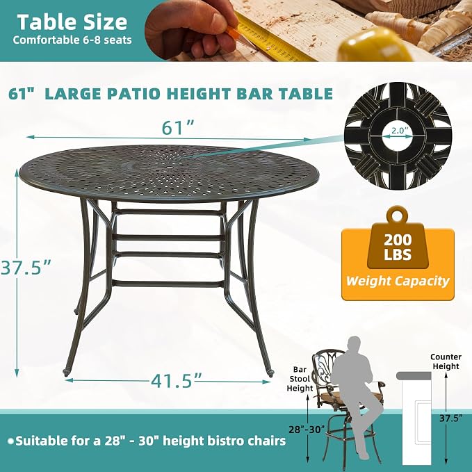 MEETWARM Patio High Bar Dining Table for 8 Person, All Weather Cast Aluminum 61" Large Round High Top Dining Table with 2" Umbrella Hole, Patio Bar Height Table for Garden Deck Backyard, Dark Bronze
