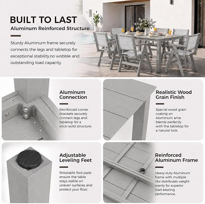 Outdoor Dining Table Set, 7 Piece HDPE Patio Set with Aluminum Dining Table & 4 Textilene Chairs, 69" Outdoor Table with Umbrella Hole for Deck, Lawn, Light Grey