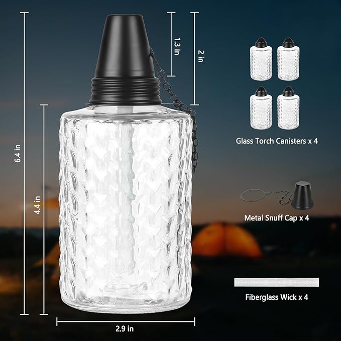 KintKita Glass Torches for Outside 4 Pack, 12oz Table Top Citronella Torch Outdoor Lighting, Refillable Tabletop Torch Includes Wick & Cap for Outside Patio & Backyard Parties Décor (White