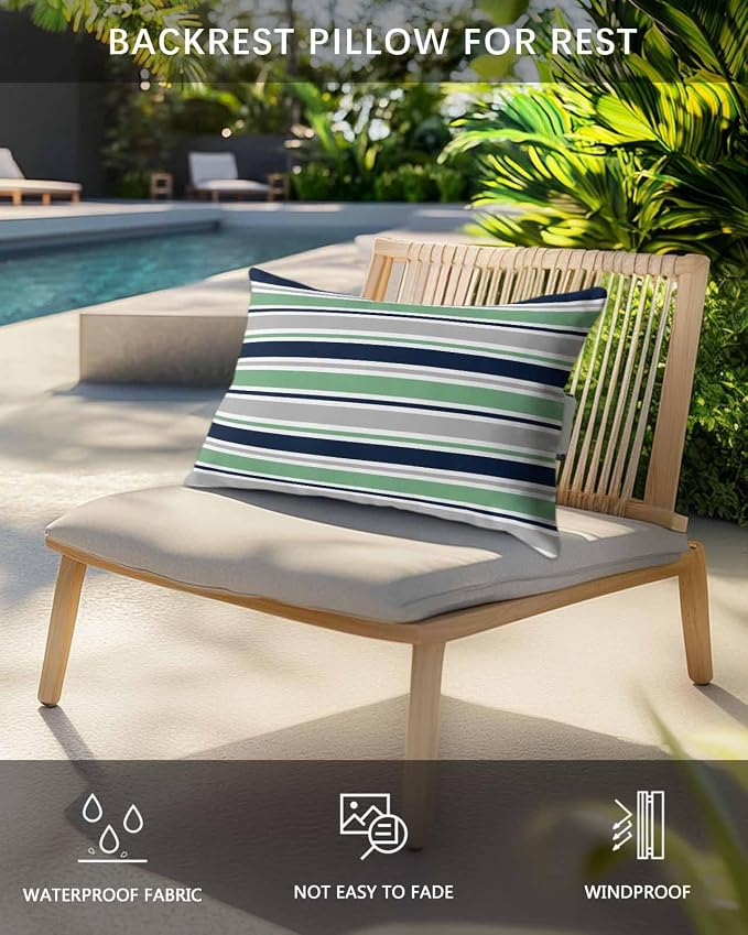 Pack of 4 Outdoor Lumbar Pillow Covers 12x20 Inch, Green Grey Striped Waterproof Throw Pillow Covers Set, Farmhouse Stripes Modern Abstract Art Outside Decorative Cushion Cases for Patio Porch Car
