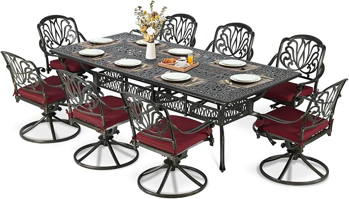 MEETWARM 9-Piece Outdoor Patio Dining Set for 8, All Weather Cast Aluminum Patio Funiture Table and Chairs Set- 94.5” Rectangular Table and 8 Cushioned Swivel Rocker Chairs, Umbrella Hole, Chili Red