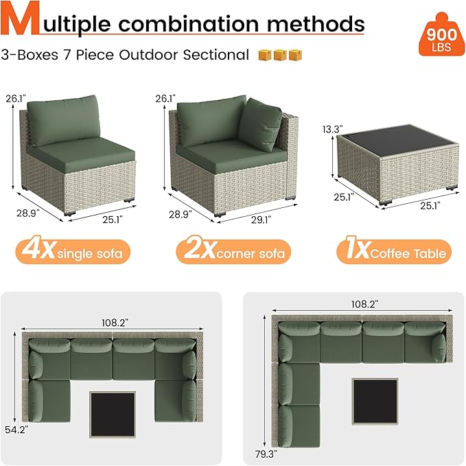 8 Piece Patio Furniture Set with 44" Fire Pit Table, Outdoor Sectional Wicker Rattan Sofa Set with Coffee Table (Green/Grey)